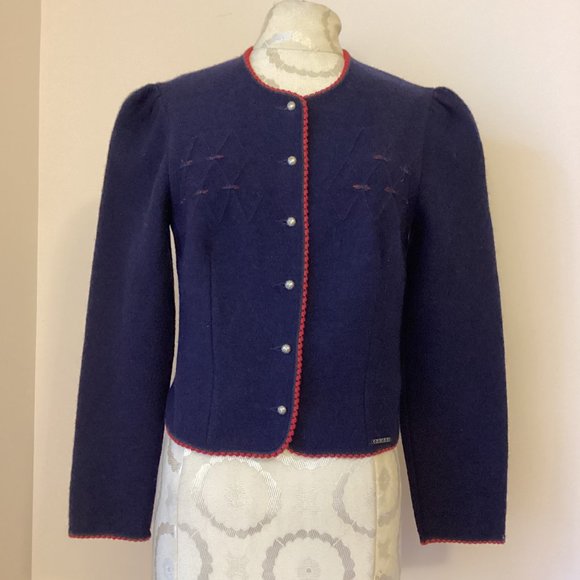 GEIGER Austria Boiled Wool Sweater Jacket Cardigan Navy with Embroidered Trim 38 - Picture 1 of 4